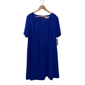 NWT Evan-Picone Women's Plus Sz 16W Royal Blue V-Neck Short Sleeve A-Line Classy